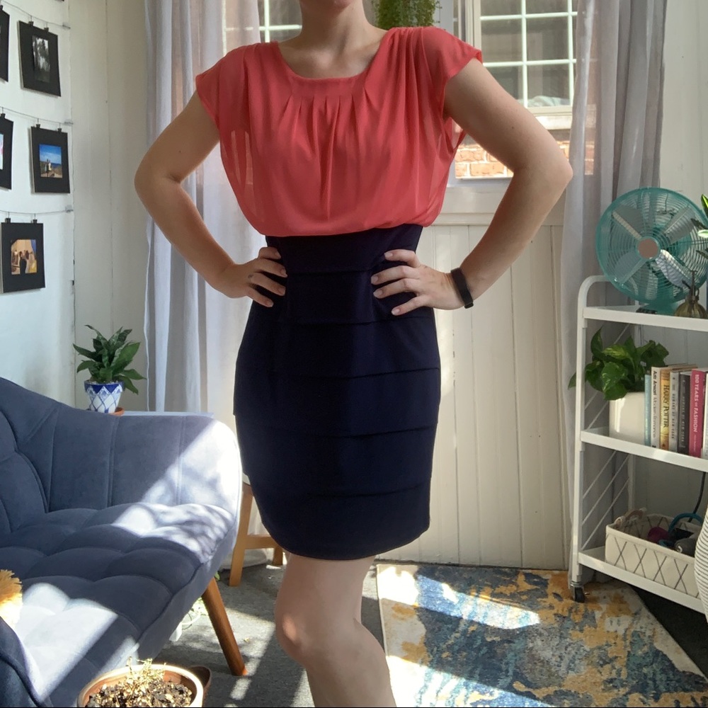 Coral and Navy Contrast Bandage Dress